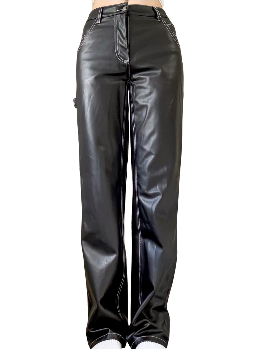 GUESS Faux Leather Low Rise Carpenter Pants Black with White Trim Size 24 GUC